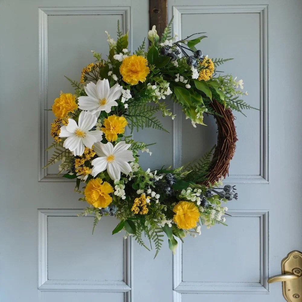 Yellow and White Summer Wreath Cosmos Marigold Ferns Babys Breath for Front Door